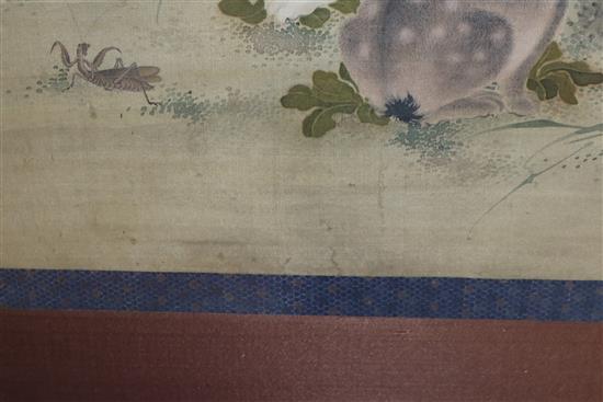 After Mori Ransai (Chinese, 1740-1807): An ink and pigment on silk panel depicting two rabbits,